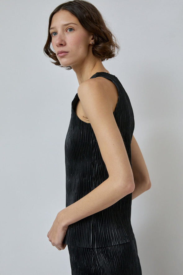 INSHADE Pleated Eco Leather Top in Black