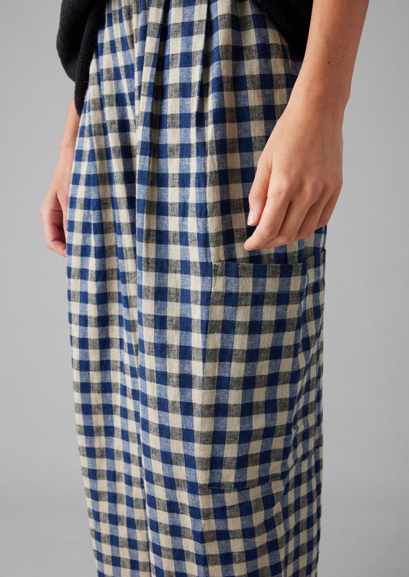 Gingham Linen Cotton Patch Pocket Pants | Denim Blue | Women's Pants