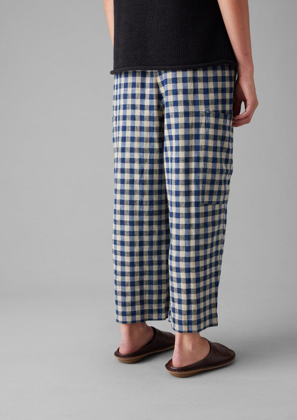 Gingham Linen Cotton Patch Pocket Pants | Denim Blue | Women's Pants