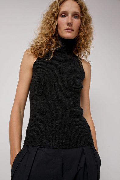 Modern Weaving Cashmere Mock Collar Rib Top in Black Melange