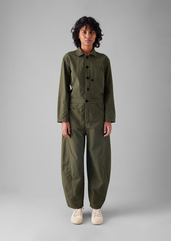 Half Placket Cotton Linen Jumpsuit | Oil Cloth | Women's Jumpsuits