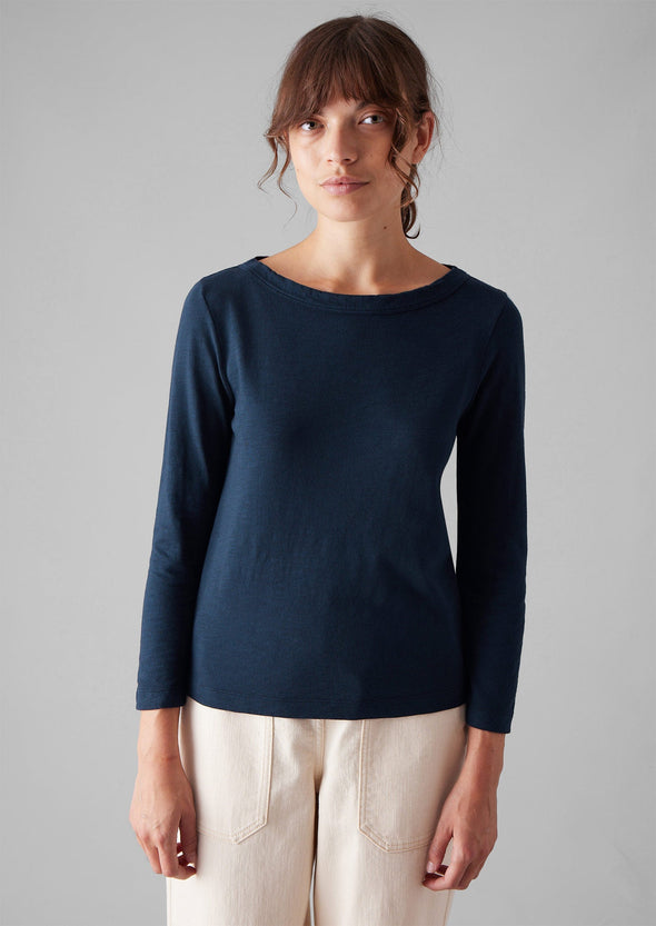 Lia Garment Dyed Boat Neck Tee | Dark Navy | Women's Tees