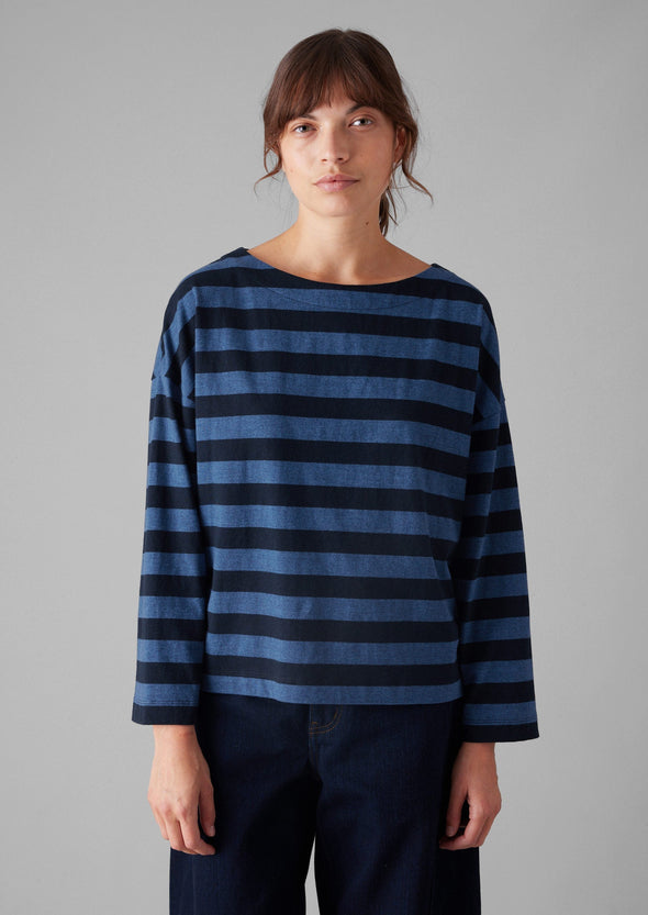 Pinwheel Stripe High Neck Tee | Double Blue | Women's Tees