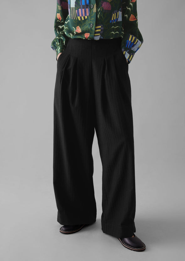 Corinne Wool Cotton Herringbone Wide Leg Pants | Black | Women's Pants