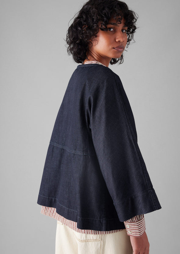 Half Placket Cotton Denim Smock | Indigo | Women's Tops