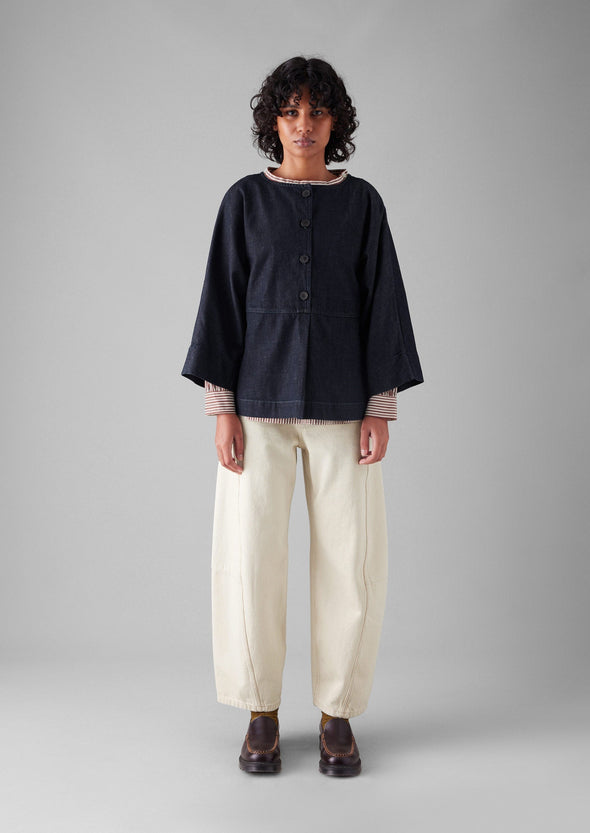 Half Placket Cotton Denim Smock | Indigo | Women's Tops