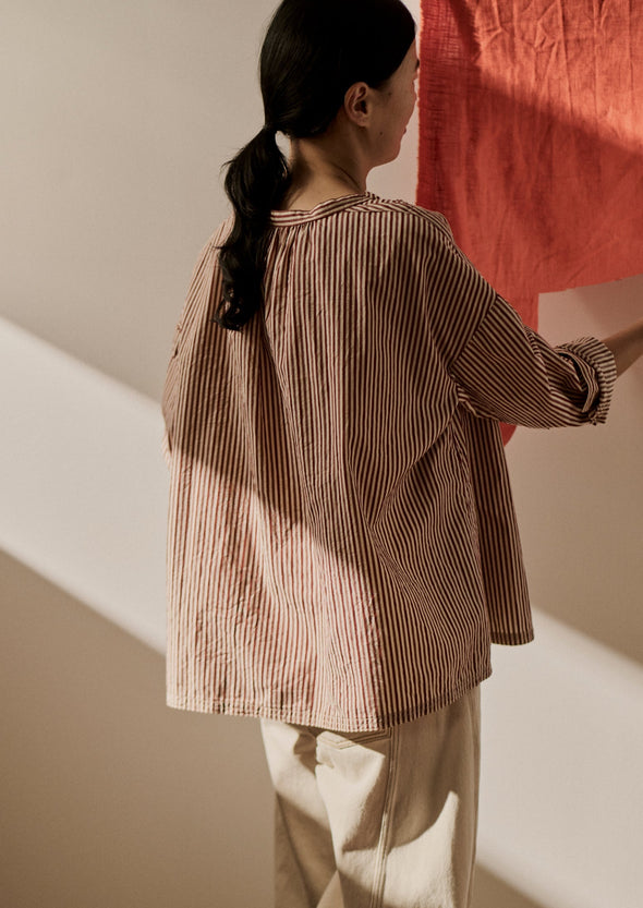 Stripe Cotton Gathered Smock Top | Brick/Ecru | Women's Tops