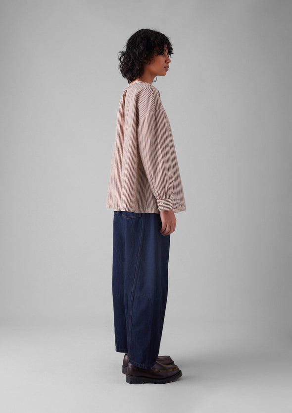 Stripe Cotton Gathered Smock Top | Brick/Ecru | Women's Tops