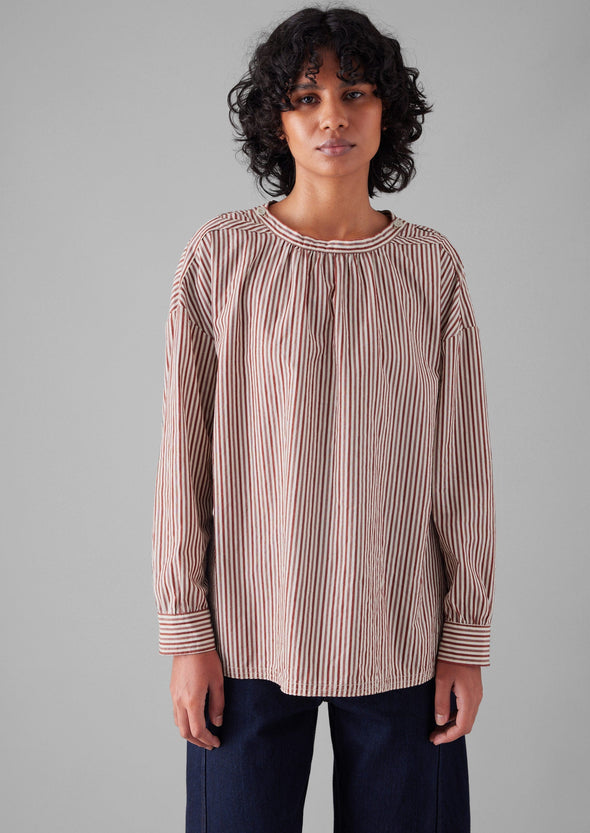 Stripe Cotton Gathered Smock Top | Brick/Ecru | Women's Tops