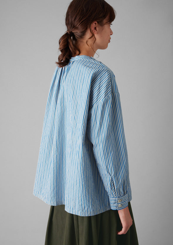 Stripe Cotton Gathered Smock Top | Ocean Blue/Ecru | Women's Tops