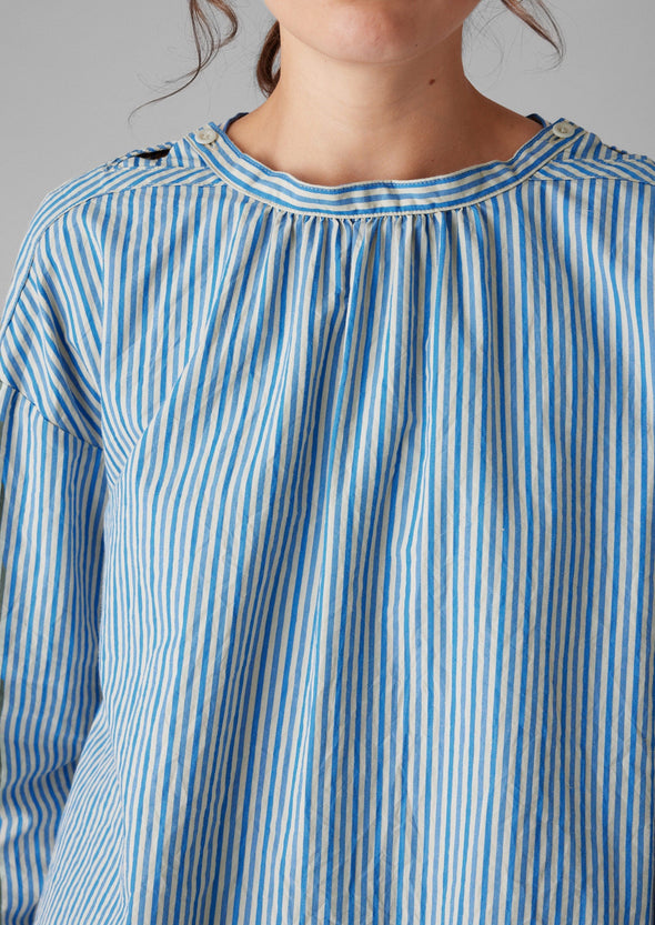 Stripe Cotton Gathered Smock Top | Ocean Blue/Ecru | Women's Tops