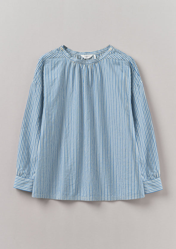 Stripe Cotton Gathered Smock Top | Ocean Blue/Ecru | Women's Tops